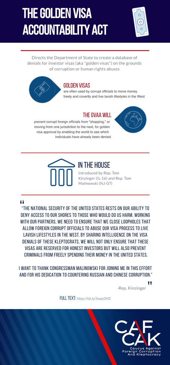 KleptoCaucus's tweet photo. #KleptoMonth bill number 3: The Golden Visa Accountability Act, which prevents corrupt foreign officials from using golden visas to launder money, move freely around the world, and undermine democracy by creating an investor visa denial database.

@RepKinzinger on the GVAA: https://t.co/EUBHbN60oI