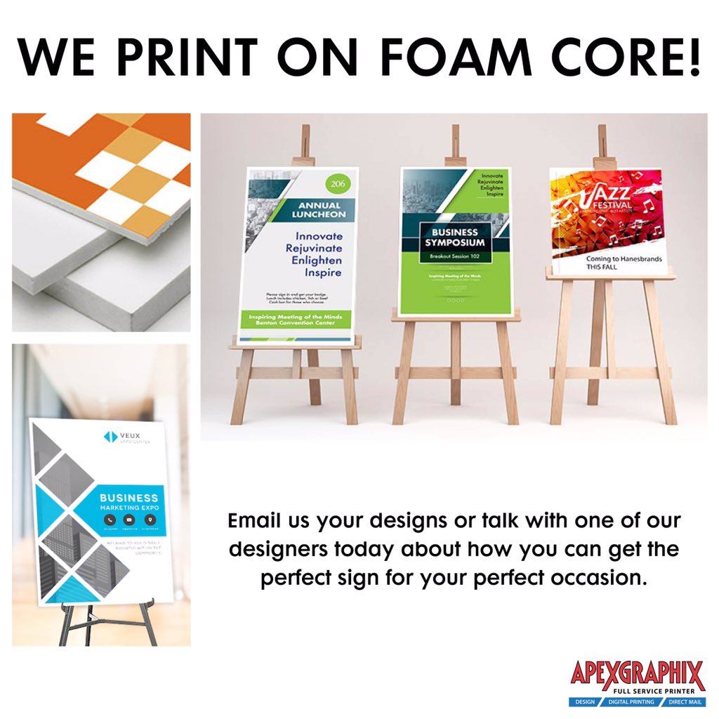 Apexgraphix's tweet image. Yep, that’s right! We print on foam core now! So for those who have events, trade shows, or if you’re running specials, foam core is the new poster printing medium. Call us today to order your sign!