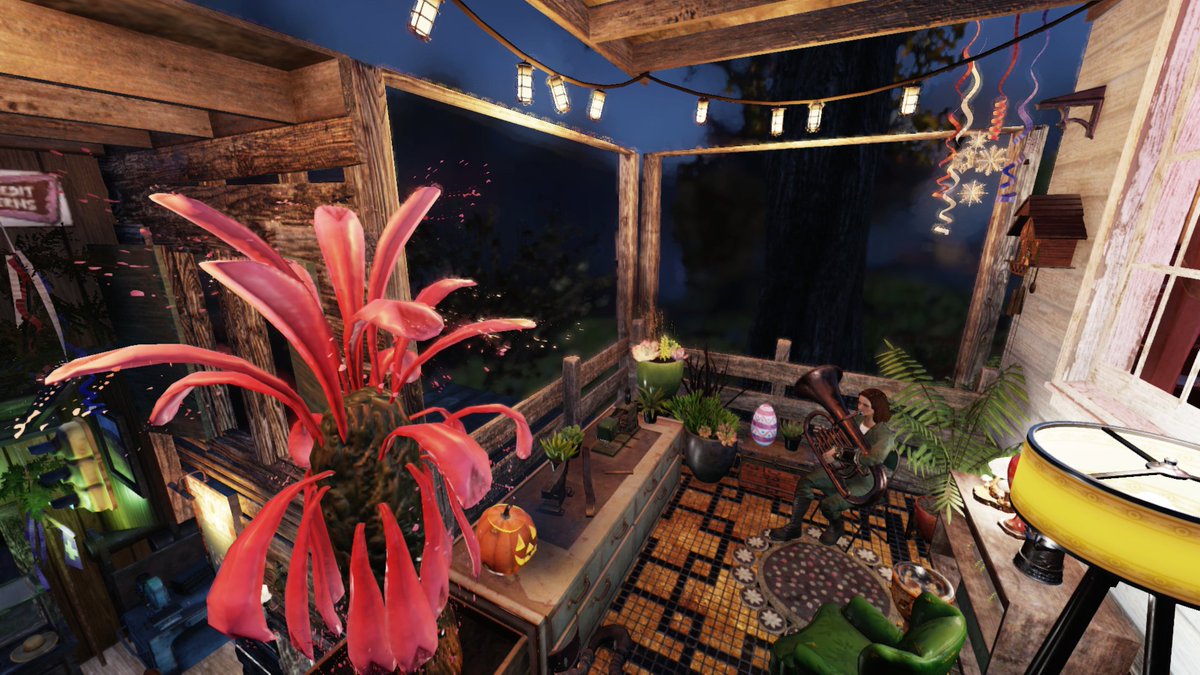 PizzaBrb's tweet photo. I finally finished Julie’s CAMP! It was inspired by the host of Appalachia Radio and is filled with things she mentions during her broadcasts, like the tuba and a Mr. Handy. It’s also filled with a few secrets…

#fallout #fallout76 #FO76 https://t.co/0Z8u4vJ1ZI