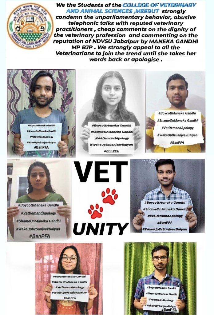 TyagiAdil's tweet photo. We student of 🐾COVAS, MEERUT🐾 strongly condemn the abusive behaviour of MP Maneka Gandhi against the veterinary profession.
#VetDemandAplology 
#BoycottManekaGandhi 
#ShameOnManekaGandhi 
@PMOIndia @narendramodi @Manekagandhibjp @rashtrapatibhvn @drsanjeevbalyan 
#BanPFA @ndtv https://t.co/NcWKvaHgEi