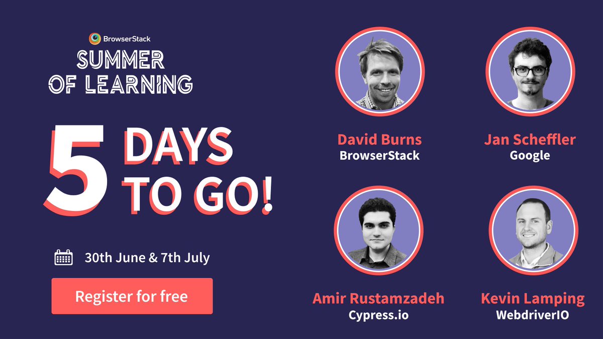 browserstack's tweet photo. Four speakers, five testing frameworks, five engaging sessions! 🙌

Learn more about top frameworks at #BrowserStackSummerOfLearning 2021.  🚀

👉 https://t.co/qLTV5Vp7pl 👈 https://t.co/cj53LAzYzL