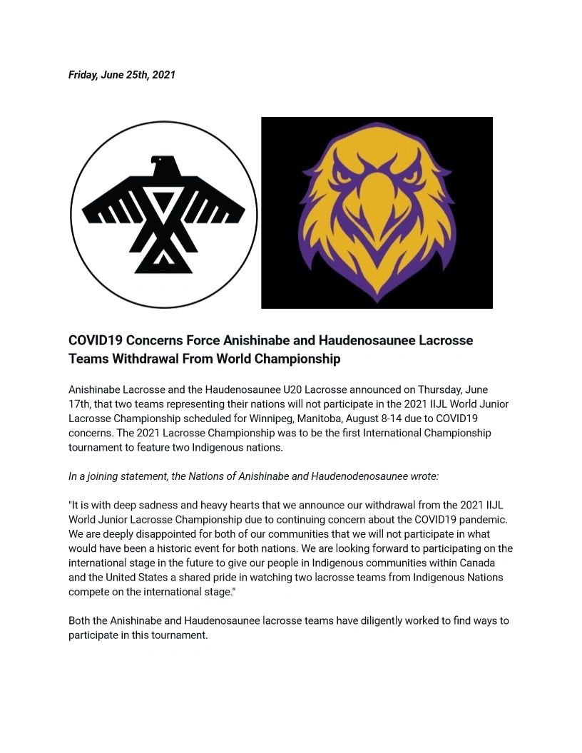 anishinabelax's tweet photo. See the joint Press Release from Anishinabe Baagaadowewin and Haudonsaunee Lacrosse regarding the World Junior Lacrosse Championships 2021 https://t.co/tAvKZFf1bb
