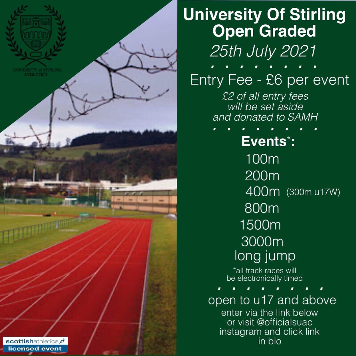 Stirling University Athletics Club (@_suac) on Twitter photo ‼️UofS OPEN GRADED MEET 25th JULY‼️
Get involved, entries in our bio and linked below.
Don’t hesitate to get in touch if you have any questions! #BleedGreen
<a href="/scotathletics/">scottishathletics</a> <a href="/ScotStuSport/">Scottish Student Sport</a> @stirlinghptri ‼️UofS OPEN GRADED MEET 25th JULY‼️
Get involved, entries in our bio and linked below.
Don’t hesitate to get in touch if you have any questions! #BleedGreen
<a href="/scotathletics/">scottishathletics</a> <a href="/ScotStuSport/">Scottish Student Sport</a> @stirlinghptri