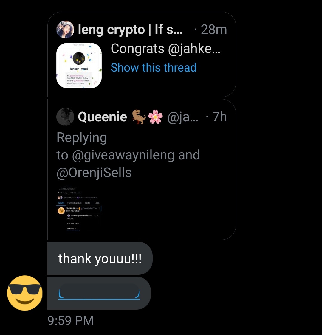 lengclaims's tweet photo. DM us this format to claim your prize!

"thankyou"
Number:
Screenshot/Link of your win:
Proofs that you followed the mechanics:
vouch: use #giveawaynileng #famileng

No thanks-reroll
No vouch and unfollow-block
No Spam
No dm with in 24hrs reroll

DM "up" if not responded in 24hrs https://t.co/uWUTmCrwyi
