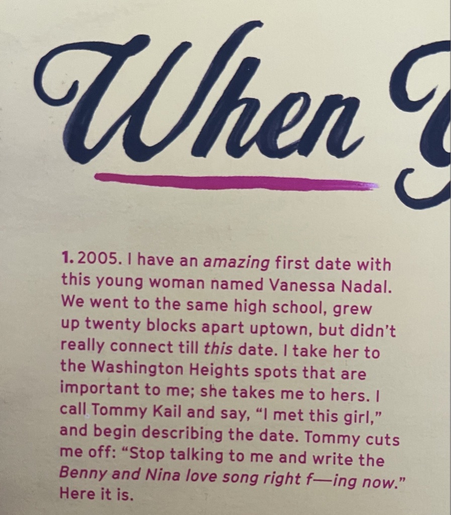 Lin_Manuel's tweet photo. On "When You're Home" and writing while falling in love. -LMM #HeightsTome https://t.co/09J9CDsFFW