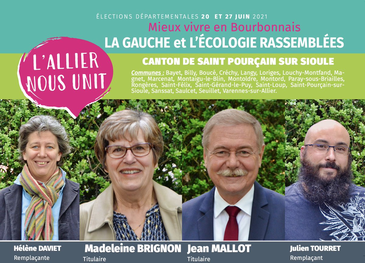 L'Allier nous unit (@lalliernousunit) on Twitter photo 👥 DIMANCHE 27 JUIN 2021, C'EST LE SECOND TOUR DES ÉLECTIONS DÉPARTEMENTALES! TOUTES LES VOIX COMPTERONT!
Pour le 2è tour des départementales dans le canton de Saint-Pourçain/Varennes, votez pour Madeleine BRIGNON et <a href="/JeanMallot/">Jean Mallot</a>, les candidats de la gauche rassemblée ! 👥 DIMANCHE 27 JUIN 2021, C'EST LE SECOND TOUR DES ÉLECTIONS DÉPARTEMENTALES! TOUTES LES VOIX COMPTERONT!
Pour le 2è tour des départementales dans le canton de Saint-Pourçain/Varennes, votez pour Madeleine BRIGNON et <a href="/JeanMallot/">Jean Mallot</a>, les candidats de la gauche rassemblée !