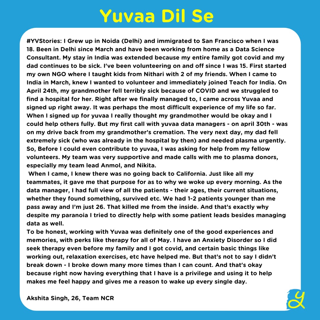 Akshita Singh(<a href="/Akshitasingh95/">Akshita Singh</a>) #YuvaaVolunteer who is working tirelessly to bring smiles and save lives across India. 

#YuvaaDilse #YVStories #YouthFightsCovid #Yuvaa