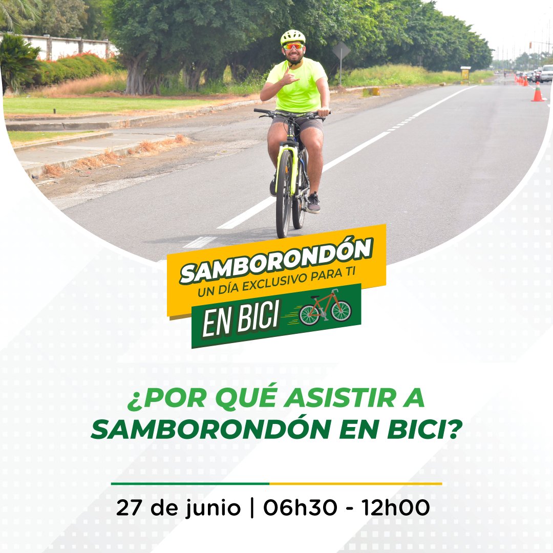 MuniSamborondon's tweet photo. Cuidamos nuestra salud, protegemos el medio ambiente y nos hace felices compartir con quienes más queremos, son algunos de los motivos por los que deben asistir este domingo 27 de junio a Samborondón en Bici en La Puntilla. 

#Samborondón #SamborondónEnBici https://t.co/7loASW2UoR