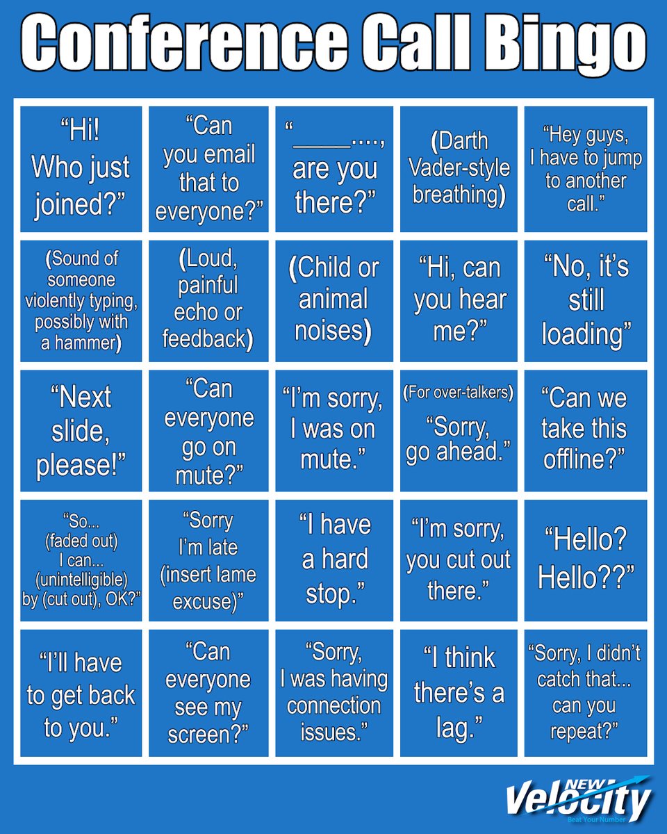 ChrisDaltorio's tweet photo. Love 'em or hate 'em, conference calls are a necessity at times.

I originally saw this as a handmade sign at a client's office. I liked it so much, I turned it into a graphic.

Are there any others we should add?

#NewVelocity
#ConferenceCallBingo
#Sales
#SalesTraining https://t.co/oUDyWvDxaH