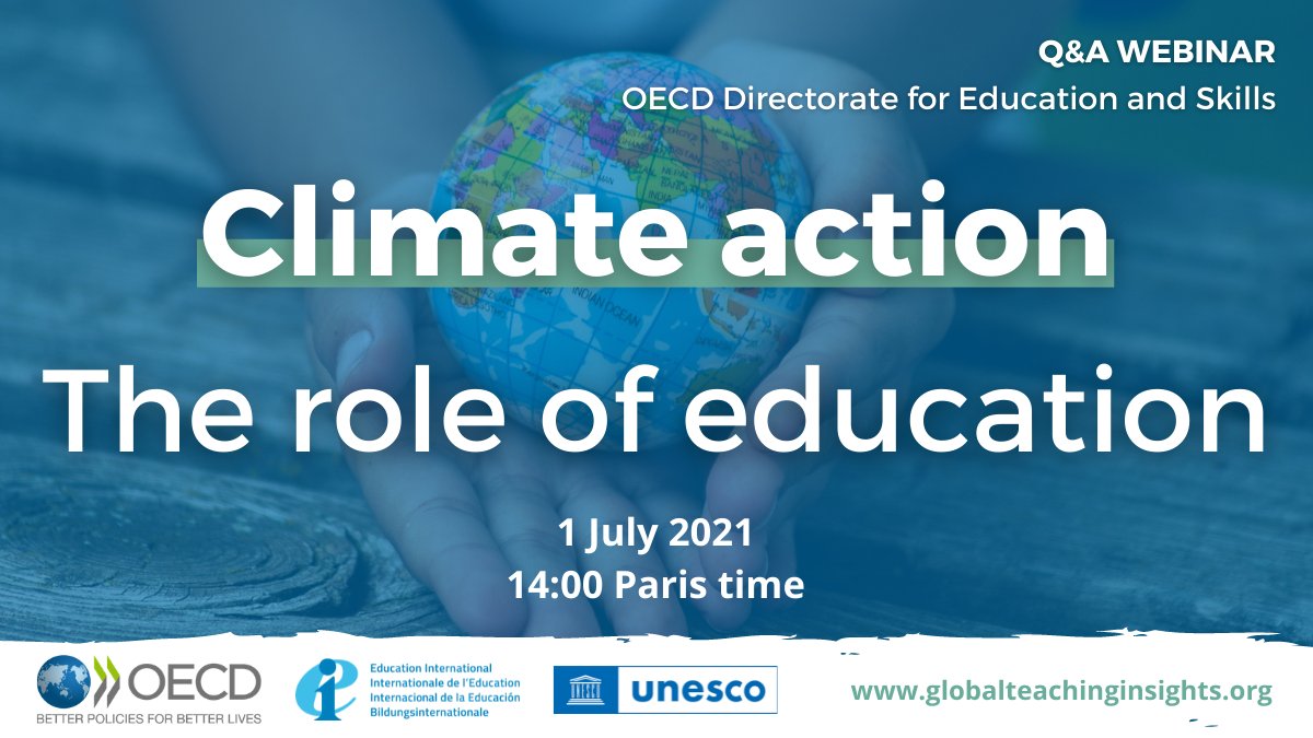 OECDEduSkills's tweet photo. 📽️ WEBINAR | #ClimateAction: The role of education

🌿🧑‍🏫 Join us as the @OECD, @UNESCO and @eduint launch a join initiative to gather teacher insights on empowering students for climate action

🗓️🕑 1 July, 14:00 Paris time

Register 👉 https://t.co/UVll0xQ0uR

#LearnForOurPlanet https://t.co/qzfjVwYKo9