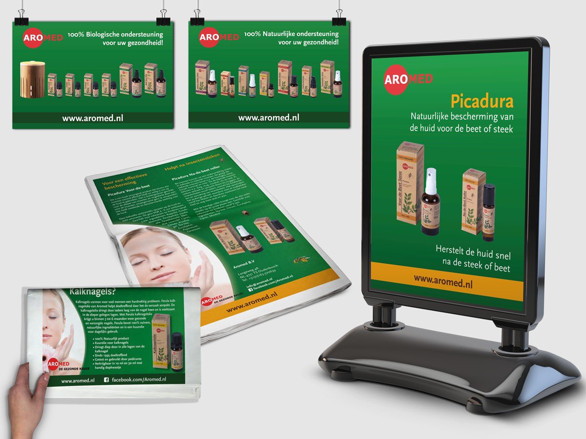 Sinds kort mag ik het Design verzorgen voor de reclame uitingen van Aromed Aromatherapie en Natuurproducten. Hieronder een greep uit de designs van de afgelopen weken. Dank voor de mooie opdrachten en op naar een fijne langdurige samenwerking 👍🏻