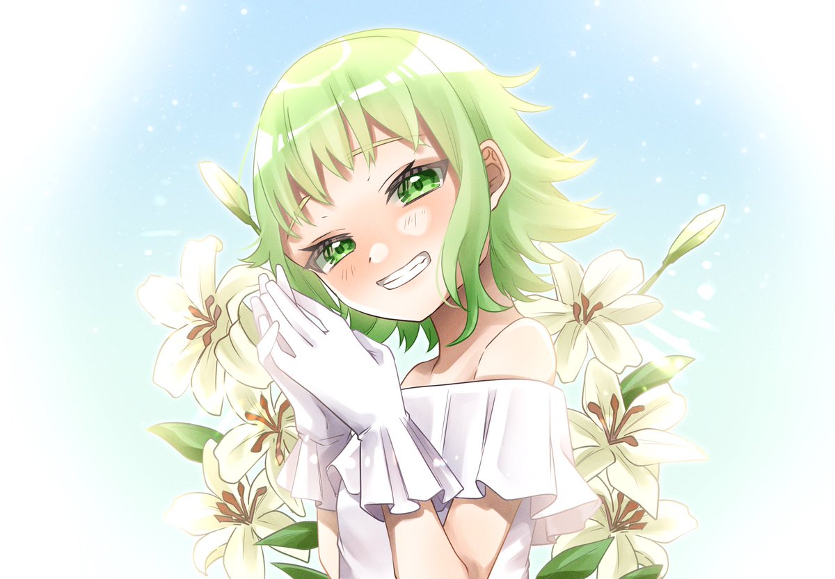 gumi 1girl gloves solo green hair smile green eyes flower  illustration images