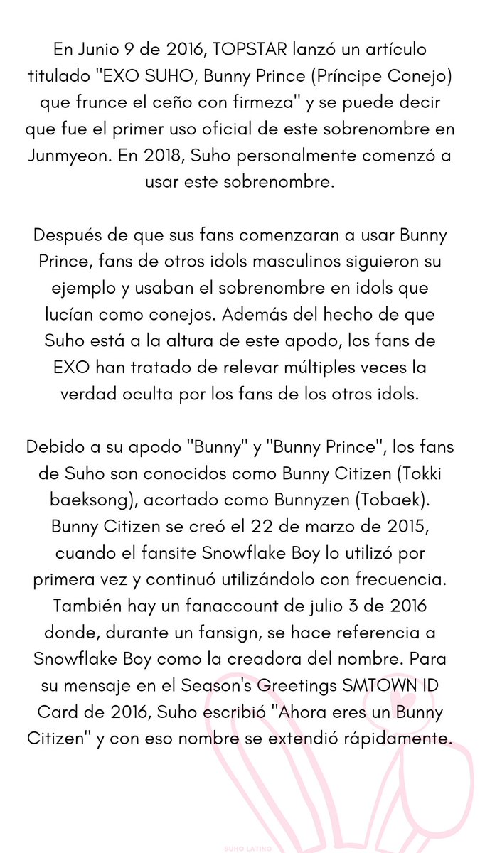 SuhoLatino's tweet photo. [TRAD] 200626 El origen del sobrenombre Bunny Prince y el fandom Bunny Citizen

¡Feliz 5to aniversario Bunny Citizen!🐰❤ 

#BunnyCitizenday
#토백데이
@weareoneEXO https://t.co/hhcn3HgQpG