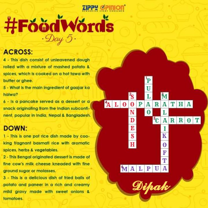 DipakKu84762434's tweet photo. @ZippyOpinionIN #FoodWords 𝗖𝗼𝗻𝘁𝗲𝘀𝘁 𝗗𝗮𝘆 𝟱
@ZippyOpinionIN
ACROSS 👉
4 - ALOO PARATHA
5 - CARROT
6 - MALPUA
DOWN 👇
1 - PULAO
2 - SONDESH
3 - MALAI KOFTA
Participated in all Platforms
#Food #Foodies #Crossword #Contest #Rewards #Zippians #Earn #FoodLove #Tasty #Yummy https://t.co/bFixIts6U2