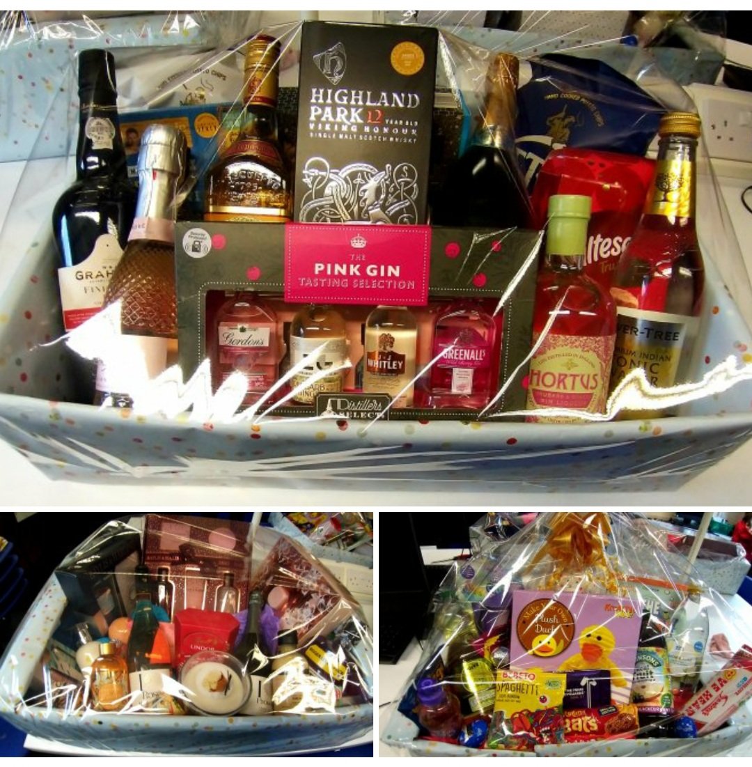 Here are just 3 of the bumper hampers we've made with your donations - The (Very) Big Night In Hamper, The Pamper Hamper &amp; The Family Hamper.