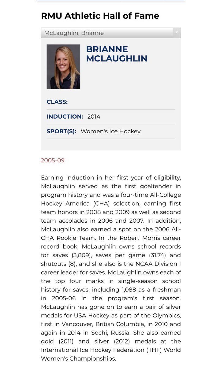 arwisneski's tweet photo. Well, there is nobody else. RMU hall of famer Brianne McLaughlin, a member of the inaugural RMU Women’s Hockey class is the only one. Her accomplishments bring so much recognition &amp; pride to RMU. And you cut her program. How’s that for a #RMUFactFriday Dr. Howard? #SaveRMUHockey https://t.co/X3YAp6UJHJ