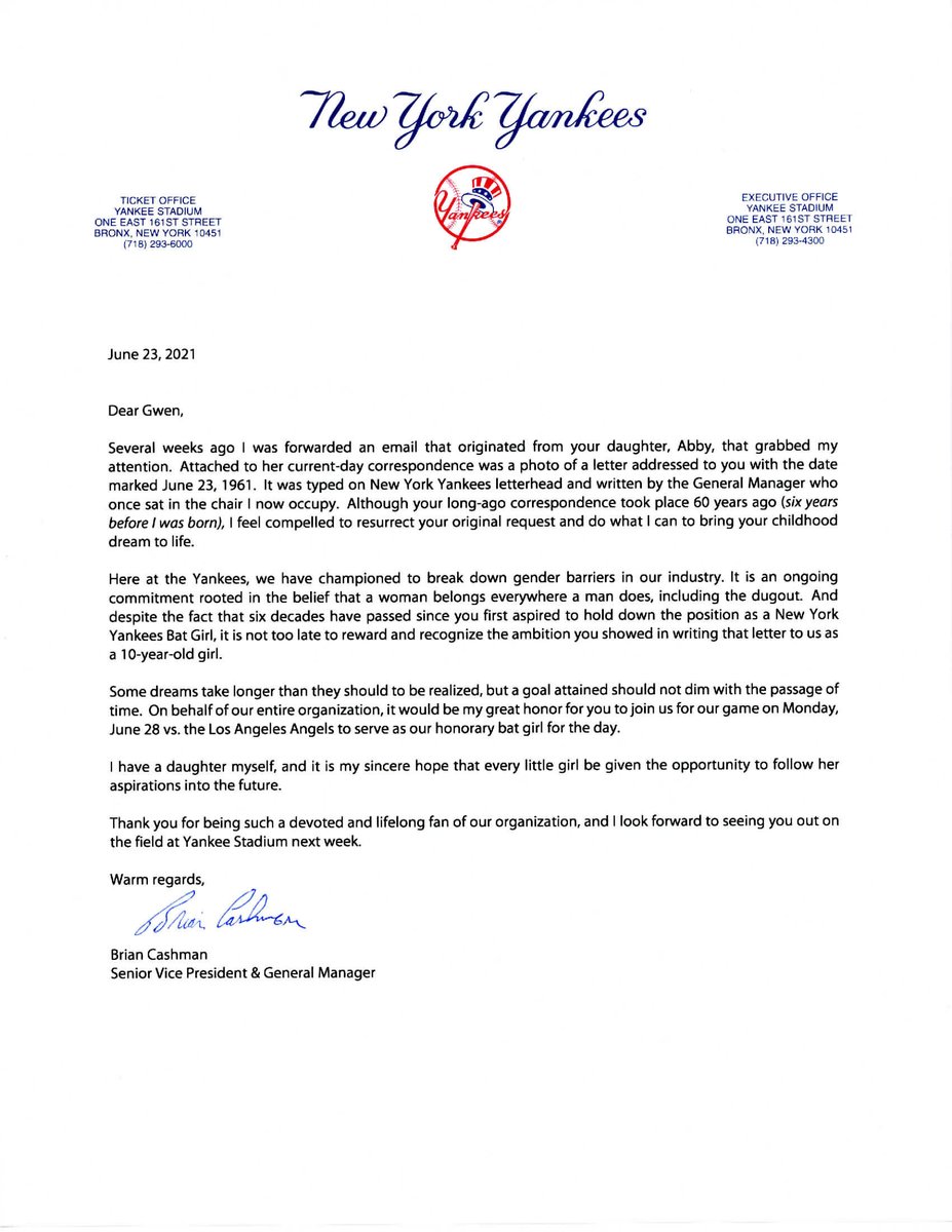 60 years later, in a new letter to Gwen from the current Yankees GM, Brian Cashman invites her to Yankee Stadium to fulfill her dream.