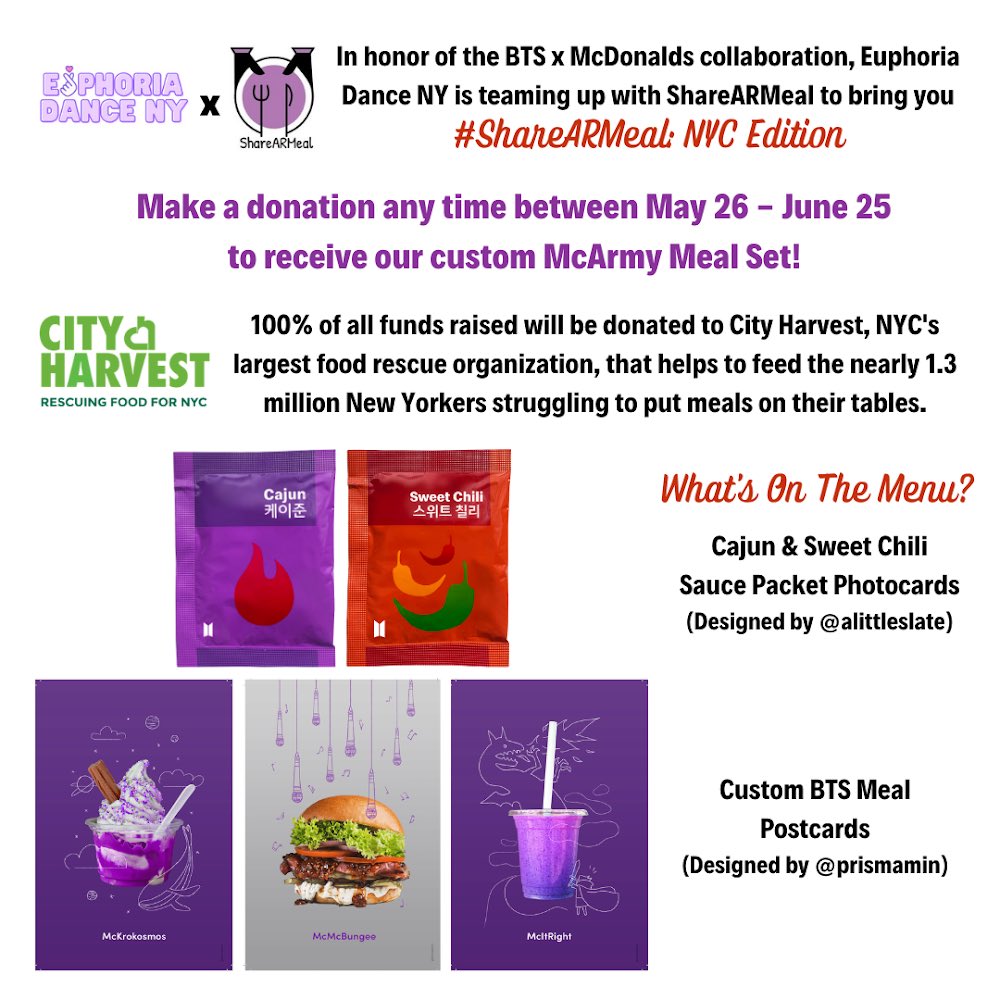 Euphoria Dance ✨ PROJECT ANPANMAN (@euphoriadanceny) on Twitter photo IT’S THE LAST DAY OF
#ShareARMeal NYC Edition!
Help us reach our 1k goal for our local food bank <a href="/CityHarvest/">City Harvest</a> in celebration of the #mcdonaldsxbts🍟 meal! 💜
Get your very own custom ARMY mail full of McARMY meal photocards by <a href="/alittleslate/">a little slate</a> and <a href="/prismamin/">thea (rest)</a> 💜 IT’S THE LAST DAY OF
#ShareARMeal NYC Edition!
Help us reach our 1k goal for our local food bank <a href="/CityHarvest/">City Harvest</a> in celebration of the #mcdonaldsxbts🍟 meal! 💜
Get your very own custom ARMY mail full of McARMY meal photocards by <a href="/alittleslate/">a little slate</a> and <a href="/prismamin/">thea (rest)</a> 💜