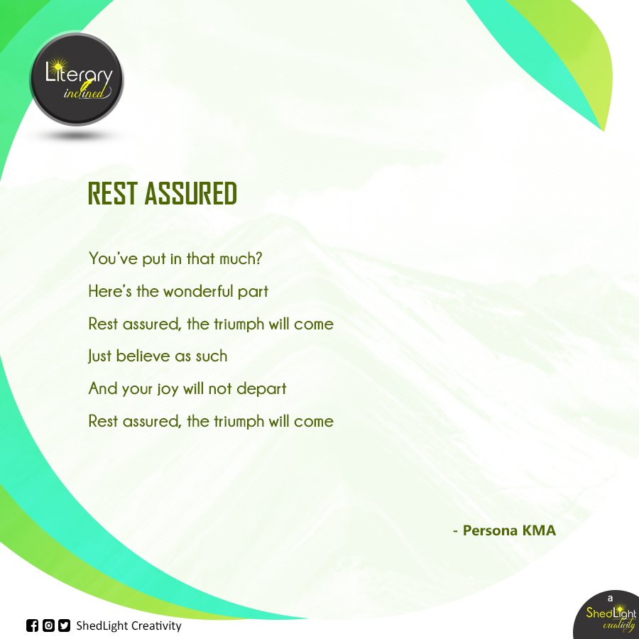 Shedlight_c's tweet photo. It’s done!
#RestAssured #literature #poem #poetry #lines #verse #rest #assured #sure #certain #reality #manifest #triumph #joy #believe #reflections #creativity
#PersonaKMA
#LiteraryInclined
#It_Is_Lit
#ShedLightCreativity
✍️ @PersonaKMA https://t.co/qecmBGsScT