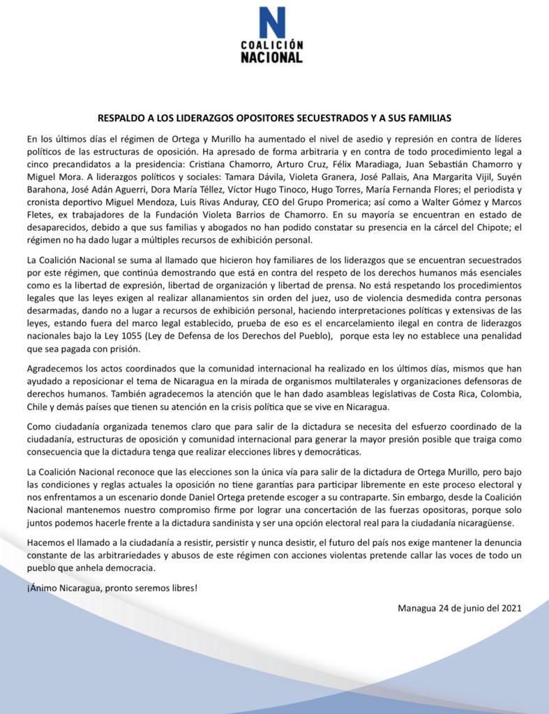 Respaldamos a los liderazgos secuestrados y a sus familias. #SOSNicaragua￼
