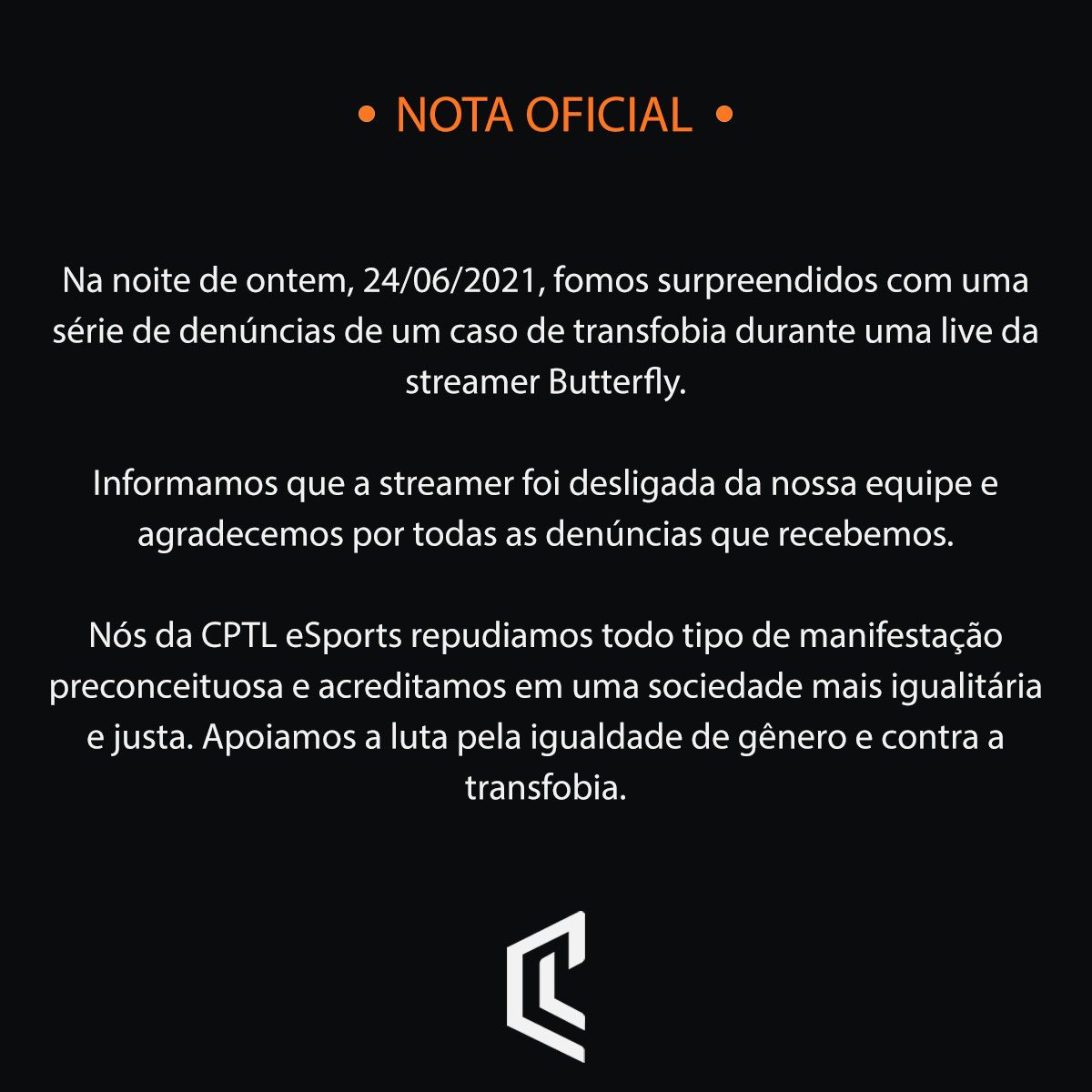 Nota oficial - CPTL eSports contra transfobia