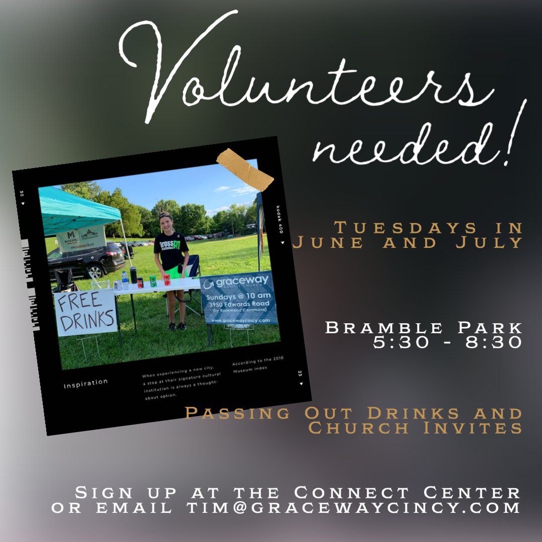 gracewaycincy's tweet photo. We need 1-2 volunteers for THIS TUESDAY. We'll pass out drinks along with church info at "Tuesdays at the Park" at Bramble Park from 5:30-8:30. We also have several slots still open in July. 
DM us, or email tim@gracewaycincy.com if you'd like to help out! 
#gracewaycincy #MORE https://t.co/q3Cysi08EZ