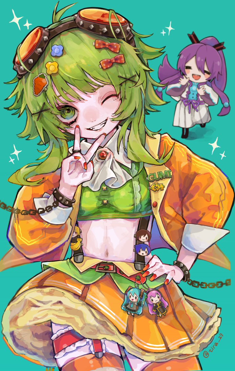 gumi ,kamui gakupo skirt green hair hair ornament one eye closed smile goggles orange skirt  illustration images