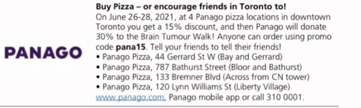 Toronto_BTW's tweet photo. Ready for your pre-walk carb loading?! 
Or reward  yourself this weekend with a Pizza dinner while helping to #endbraintumours...
Huge thanks to #panagopizza for this great offer at select Toronto locations. https://t.co/pXFD4qwIBN