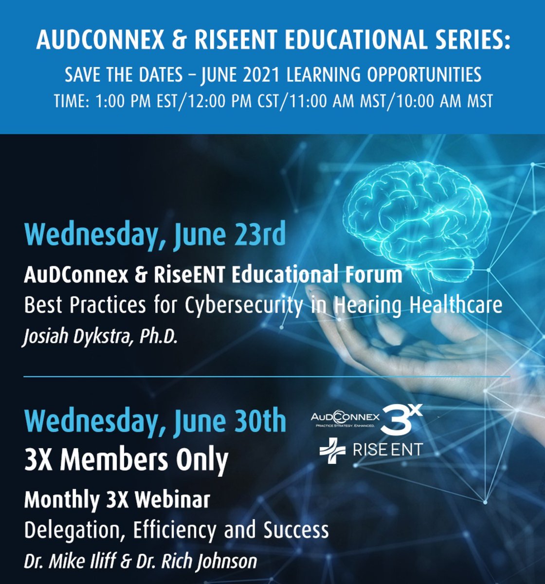 Our educational webinar calendar for the rest of June is 🔥🔥🔥! Don't miss it! Interested in learning more about RiseENT and AuDConnex? Reach out to us at info@RiseENT.com or info@AuDConnex.com for a complimentary practice evaluation!