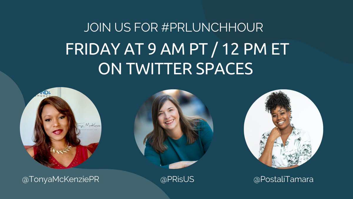 Join us for #PRLunchHour at noon on @TwitterSpaces! 

<a href="/TonyaMcKenziePR/">Tonya McKenzie | PR & Sports Media Pro</a>, @PostaliTamara and I will be there to chat all things PR with you. 🗣️ 

#PRTwitter