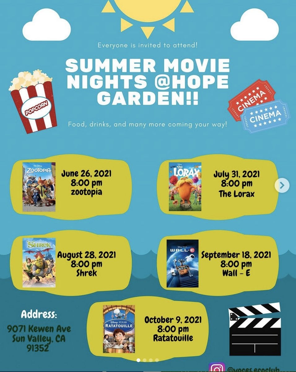 Dear families,
Sun with raysBD6 families! Join 
<a href="/VOCESmagnet/">Valley Oaks Center for Enriched Studies</a>  Eco Club this summer for their Summer Movie NightsPopcorn @ their HOPE Garden. Check out the flyer below for more details. 🎟
