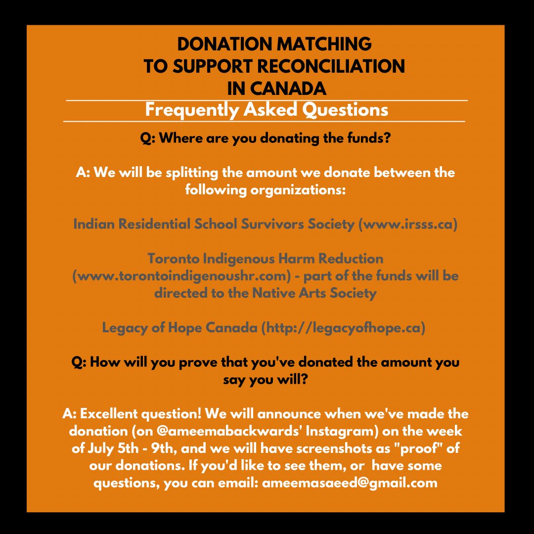 Ameemabackwards's tweet photo. #Reconciliation is OUR responsibility as settlers. A few of us have gotten together to launch a #donationmatching initiative, up to $3000 CAD. Donations must be made by July 2nd, to any org or initiative that supports #Indigenous people &amp; communities. 

Details below ⬇️ https://t.co/JluoHheZRW