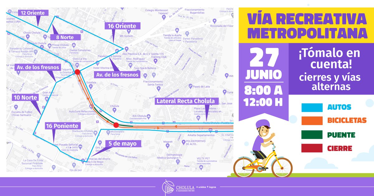 ¡Planea tu ruta! 
Informa la <a href="/MTGobPue/">Secretaría de Movilidad y Transporte</a> que este 27 de junio, de 8:00 a 12:00 horas, se reapertura la <a href="/laviametro/">Vía Recreativa Metropolitana</a>. Consulta el mapa de vías alternas para salir o entrar a San Pedro #Cholula. 
#MásUnidosMásLogros