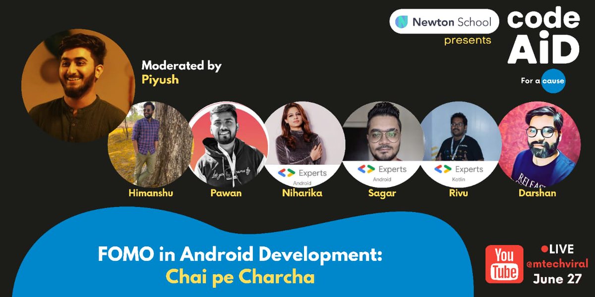 CodeAidConf's tweet photo. Having #FOMO as #Android Engineer is common and you are not alone.
Join this #ChaiPeCharcha with our penallists @OnlyMaheswari @theDroidLady @i_m_Pania @hi_man_shoe @rivuchakraborty @viradiya_sagar to discuss FOMO in Android Development.
#CodeAid https://t.co/DgG2CBvnHn