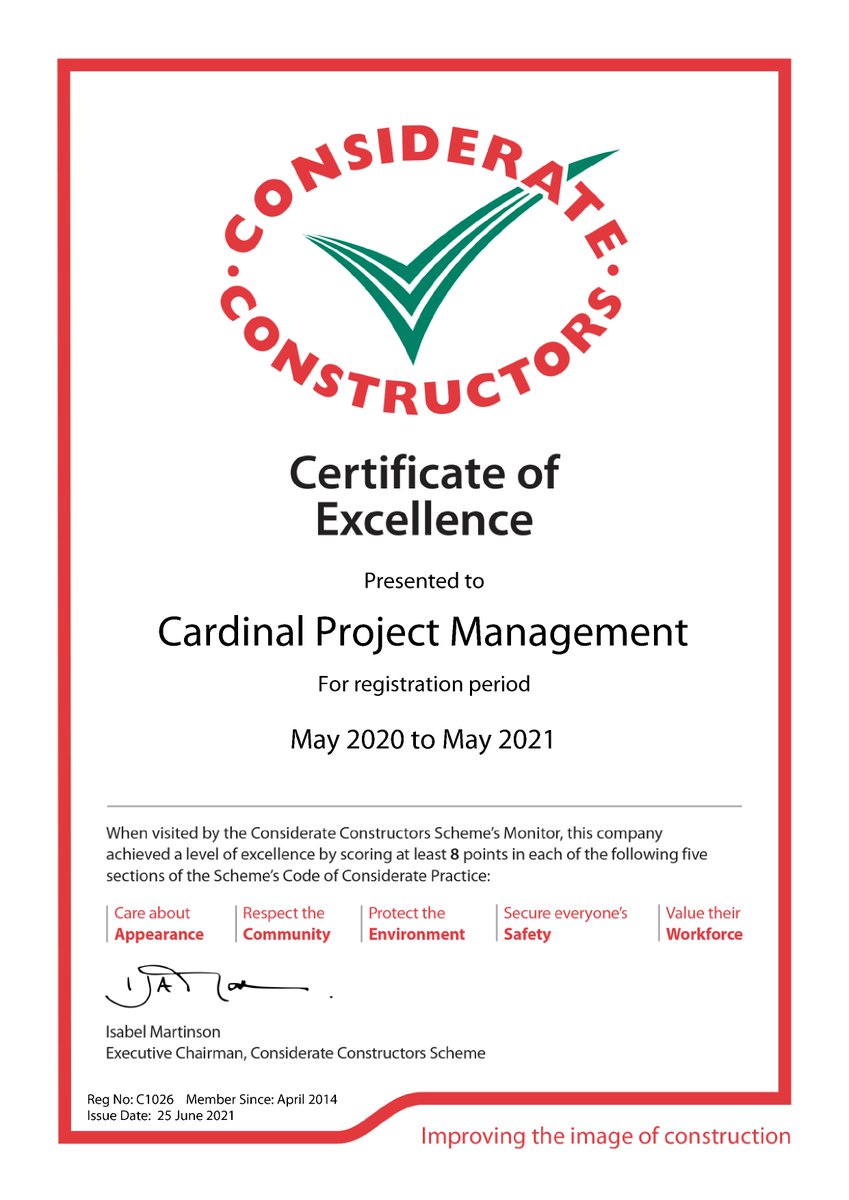 Extremely happy with this year's 'Certificate of Excellence' from <a href="/CCScheme/">Considerate Constructors Scheme</a> This is down to the hard work of the FULL Cardinal team both on site, off site and in the factory. Thank you to everyone for achieving this amazing accolade! #loveconstruction #teamcardinal #cardinalltd