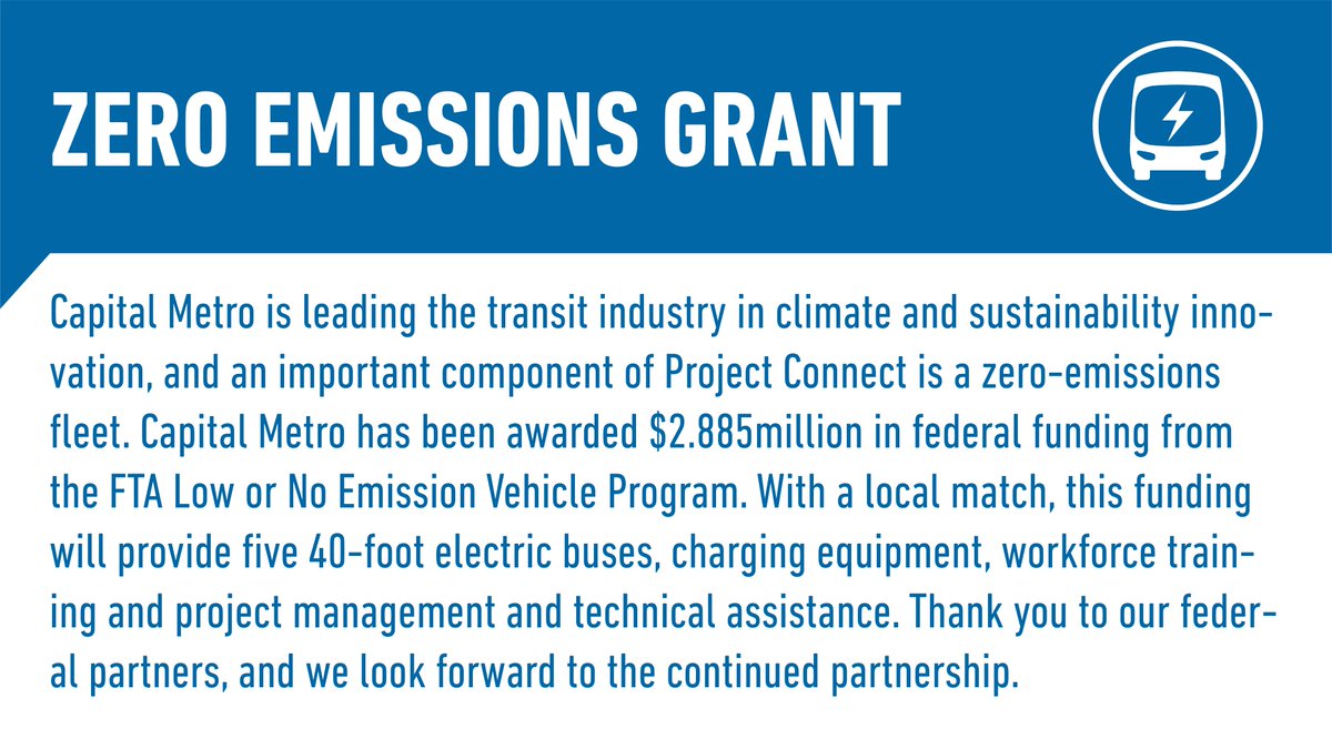 CapMetroATX's tweet image. Thank you @FTA_DOT @USDOT for selecting #ProjectConnect through the Low-No Grant program which funds the deployment of zero-emission and low-emission transit buses and supporting equipment and facilities.

Press: bit.ly/3dgUHbV
Projects list: bit.ly/3jajr9D