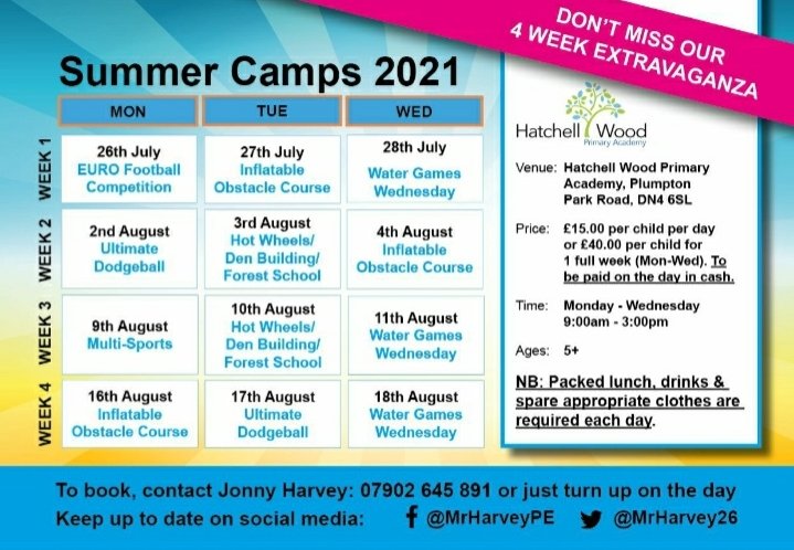 MrHarvey26's tweet photo. 🤾‍♂️Summer holiday camps 2021!! Confirmed activities and information below! 

✉ Please message me on here or 07902645891 to pre book your places by Wednesday 14th July

🚴‍♀️⛹️‍♂️🤾‍♀️🎖🏆⚽️⚾️🏏🎾🏉🏈🏐🥎🏑🏓🎳 https://t.co/kgPcXYAjiE