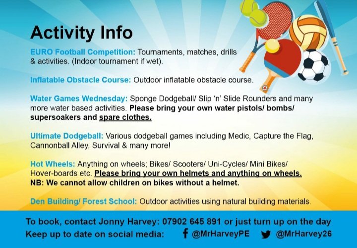 MrHarvey26's tweet photo. 🤾‍♂️Summer holiday camps 2021!! Confirmed activities and information below! 

✉ Please message me on here or 07902645891 to pre book your places by Wednesday 14th July

🚴‍♀️⛹️‍♂️🤾‍♀️🎖🏆⚽️⚾️🏏🎾🏉🏈🏐🥎🏑🏓🎳 https://t.co/kgPcXYAjiE