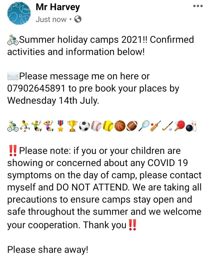 MrHarvey26's tweet photo. 🤾‍♂️Summer holiday camps 2021!! Confirmed activities and information below! 

✉ Please message me on here or 07902645891 to pre book your places by Wednesday 14th July

🚴‍♀️⛹️‍♂️🤾‍♀️🎖🏆⚽️⚾️🏏🎾🏉🏈🏐🥎🏑🏓🎳 https://t.co/kgPcXYAjiE