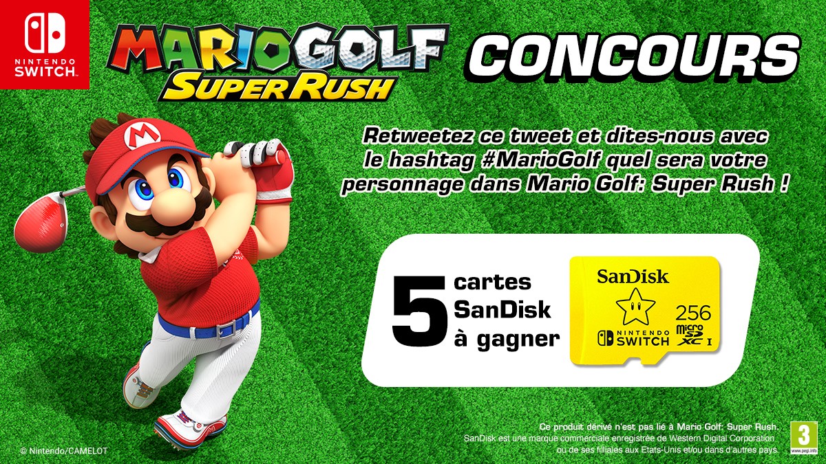 NintendoFrance's tweet photo. [CONCOURS ⛳] À l’occasion de la sortie de Mario Golf: Super Rush, tentez de gagner une carte microSDXC de 256 Go pour Nintendo Switch !
👉 Retweetez et dites-nous en incluant le hashtag #MarioGolf avec quel personnage vous allez jouer !
Fin : 04/07 à 23h59. https://t.co/eqEh6GcEvu