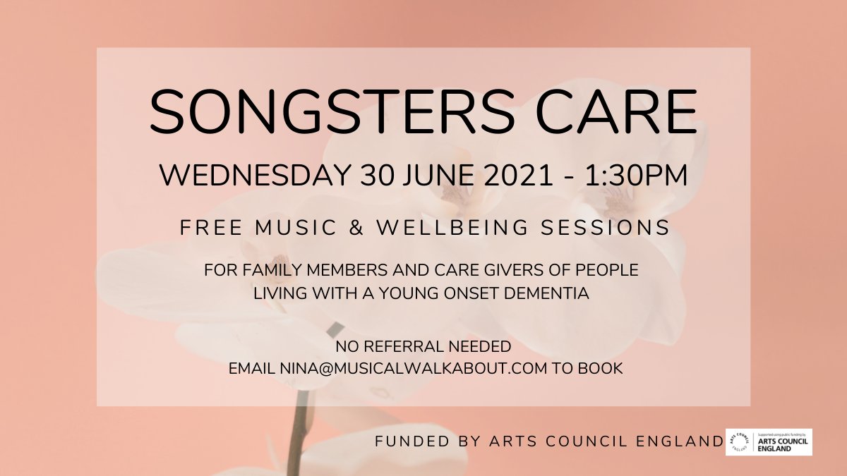 More Good News! Songsters Care will be available to UK wide participants from Weds 30 June onwards. For #caregivers & family members of people living with a young onset dementia. Funding for respite care costs available for a limited time. #musicalwalkabout #dementiacare