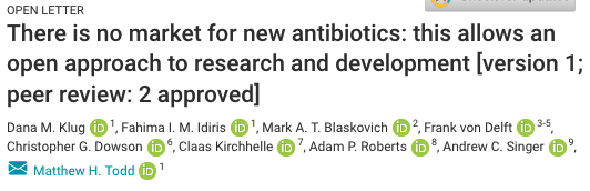 MatToddChem's tweet photo. Two +ve reviews for our article "There is No Market for #Antibiotics..." https://t.co/cjXzKQpx11 so we're no longer "awaiting peer review". Thank you for insightful comments Terry Roemer from Prokaryotics and Richard Alm of @CARB_X #OpenScience #Economics #globalhealth https://t.co/74aGWJqZub