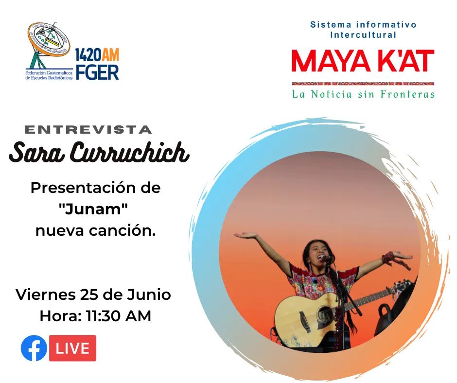 crfger's tweet photo. #Entrevista Maya K'at
A las 11:30AM @SaraCurruchich, artista Maya Kaqchikel, presenta #Junam, lo más reciente de su obra musical.
Acompañenos por https://t.co/BBXcDEtgnT, Radio FGER #1420AM y por las emisoras que transmiten nuestra programación.
#ComunicandoBuenVivir https://t.co/eQPRNXeKal