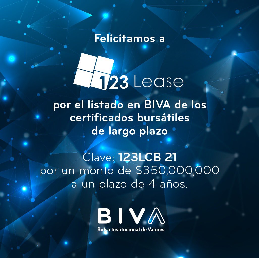 BIVAMX's tweet photo. Felicitamos a @123Lease, parte de la #FamiliaBIVA, por el listado de los certificados bursátiles de largo plazo realizado en @BIVAMX.

¡Enhorabuena! https://t.co/l4ip28looc