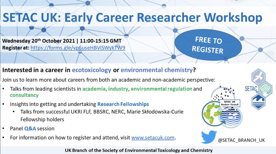 Calling all students and early career scientists. <a href="/setac_branch_uk/">SETAC UK BRANCH</a> is holding a FREE virtual careers workshop on the 20th October 2021 | 11:00-15:15 GMT. For more information: setacuk.com/early-career-r… and register here: forms.gle/vp6useHBViSWyk… @SETAC_world