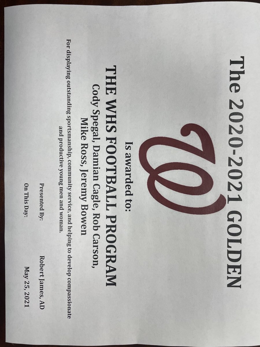 goWINFIELD's tweet photo. Congrats to the HS Football Program on earning the Golden W Award! This Award is the goal of every program each year, it takes a lot more than wins to achieve this distinction! Thank you for all the hard work and dedication during one of the most challenging years to date! https://t.co/IhKh7Yeyat