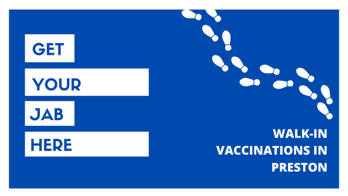 prestoncouncil's tweet photo. Walk-in vaccinations available in #Preston Sat 26 June:
📌Mobile site: Flag Market Preston, PR1 2PP
*Pfizer 1st dose only
10am - 4pm
📌St John's Shopping Centre, Preston, PR1 1FB
*Moderna, plus 2nd dose AZ 
 8am - 8pm ▶️open daily
https://t.co/aZ16JDgrvN https://t.co/VjIBFAUxhO