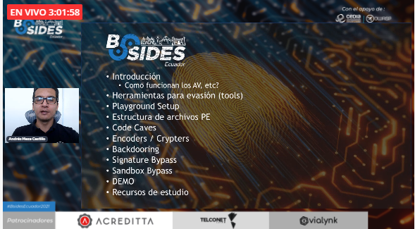 BSides593's tweet photo. Andrés Meza, especialista de @TelconetLatam incia con su charla: "AV Evasion Playground". https://t.co/4EozfUg1TE