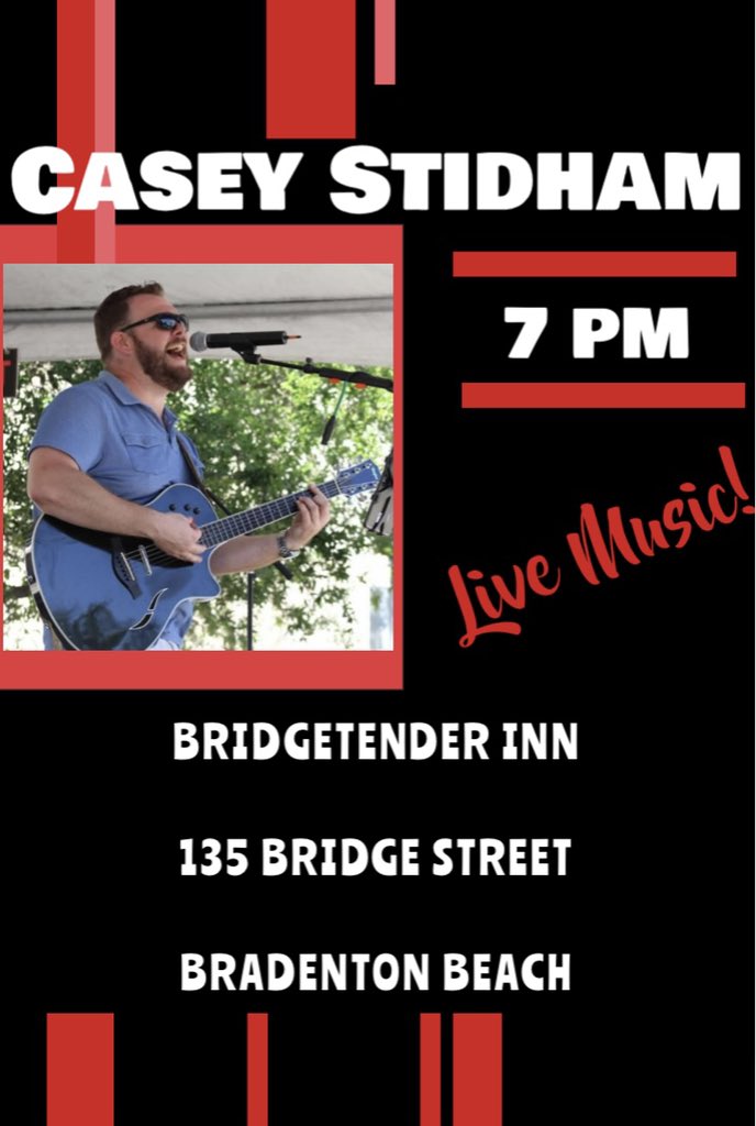 BridgeTenderInn's tweet photo. Casey Stidham rocks the Tender tonight from 7-10 p.m.! #bridgetenderinn #bradentonbeach #annamariaisland #livemusic #caseystidham #terrificfood #meetmeatthetender #waterfrontdining https://t.co/voYjgGXyyE