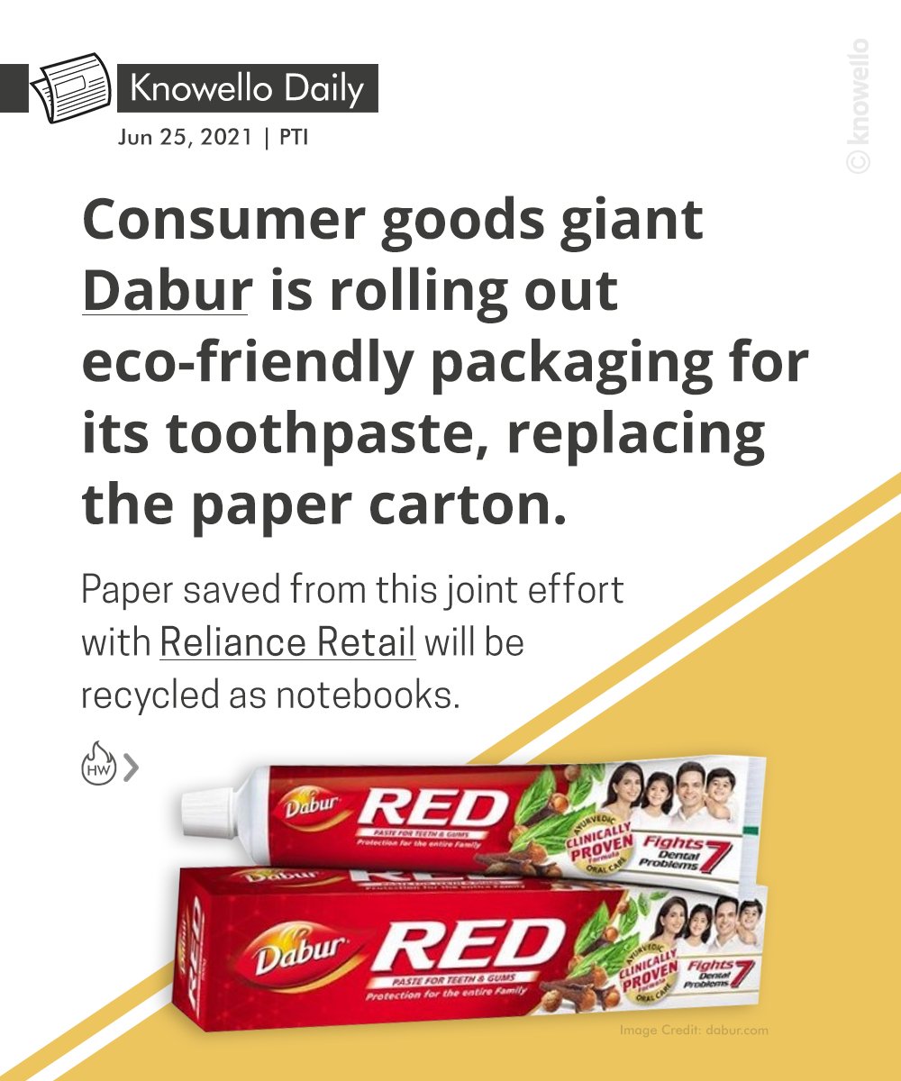 KnowelloWorld's tweet image. Dabur is taking a leap forward on the path to environment sustainability. 

#Dabur #DaburRedToothpaste #RelianceRetail #packaging #papercarton
#ecofriendly #knowellodaily